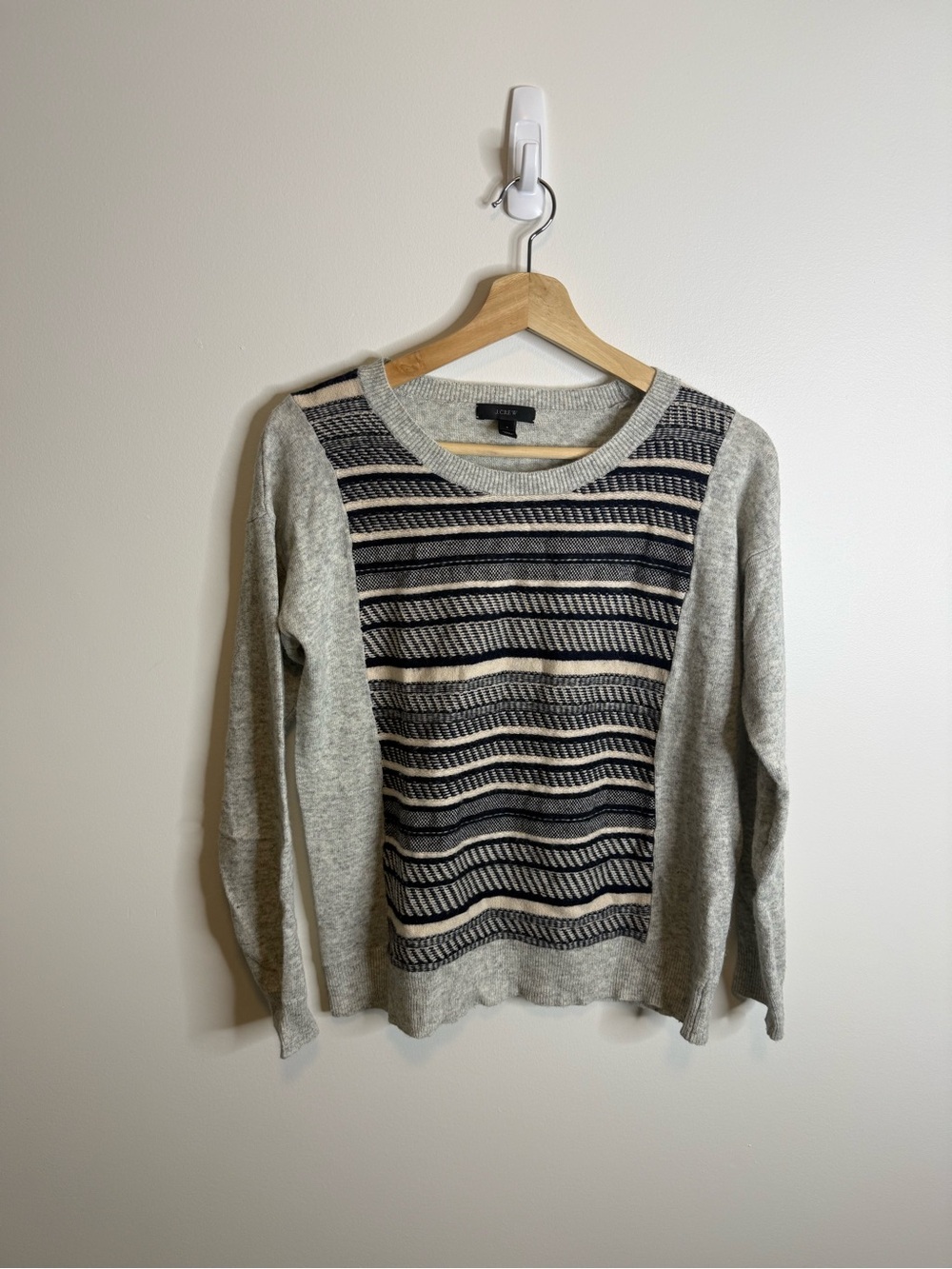 J. Crew Gray Crewneck Sweater with Navy and Cream Stripes wool rabbit hair small